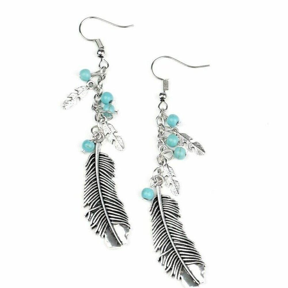 Silver Feather Earrings with Turquoise Accents